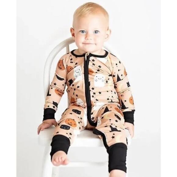Emerson & Friends Bamboo Zip Pajama Halloween Brown Cat Ghost Stars Moon 12–18M* - Picture 1 of 9